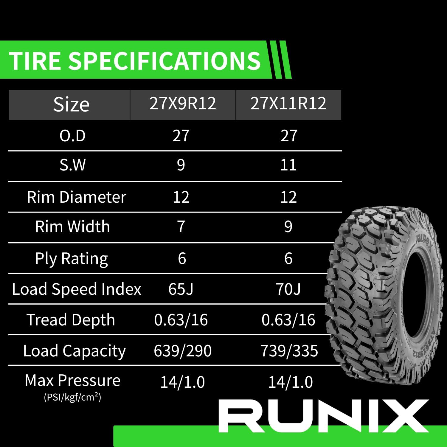 RUNIX ATV UTV Radial Tires, RUNIX TerraVance, 27X9R12 Front, 27X11R12 Rare, Set of 4, Radial Tire, All Terrain, 6PR, Tubeless, 27X9-12, 27X11-12