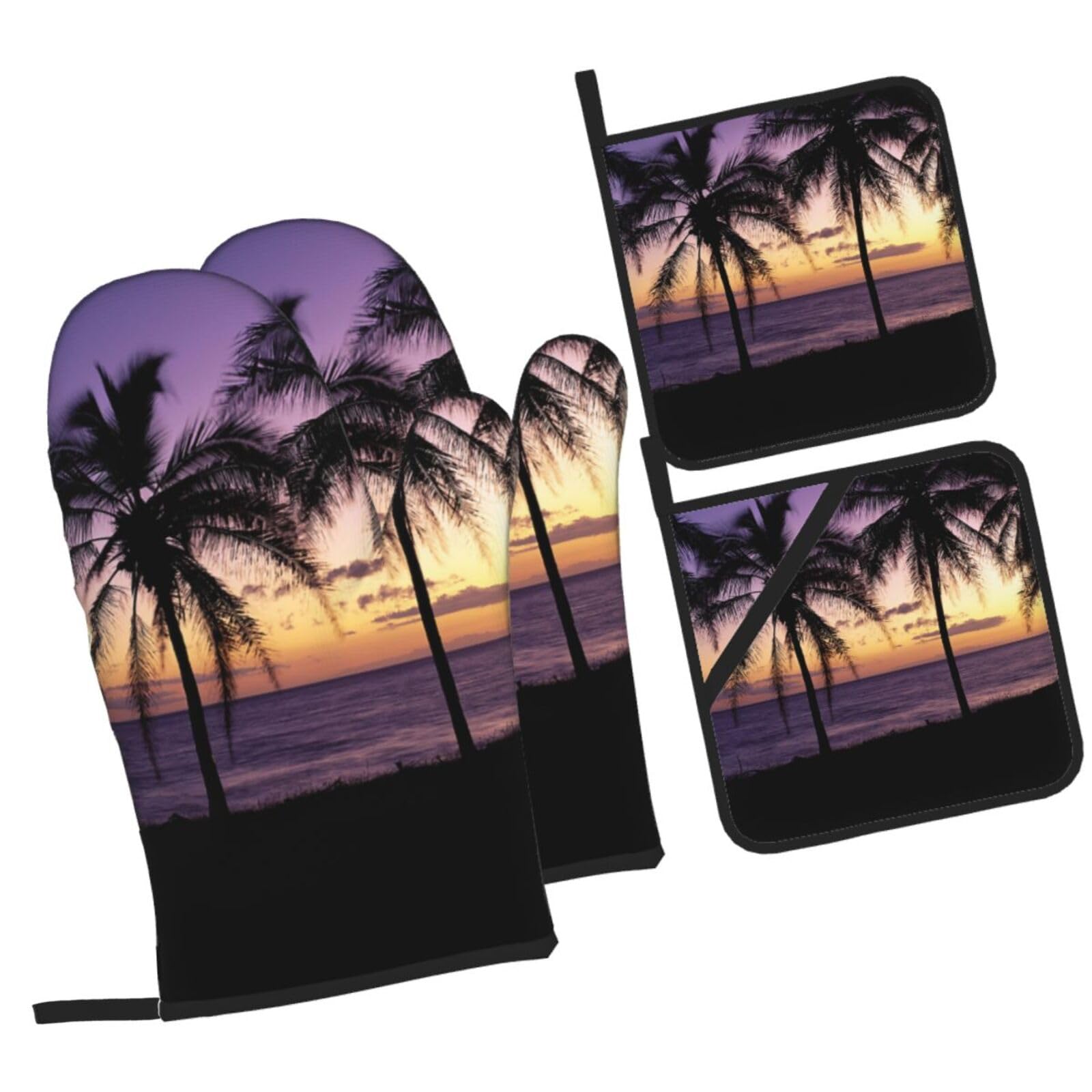 Sunset Beach Palm Tree Printed Oven Mitts and Pot Holders Heat Resistant Set of 4 Pcs, Modern Kitchen Gloves & Potholders for Cooking Baking Grilling