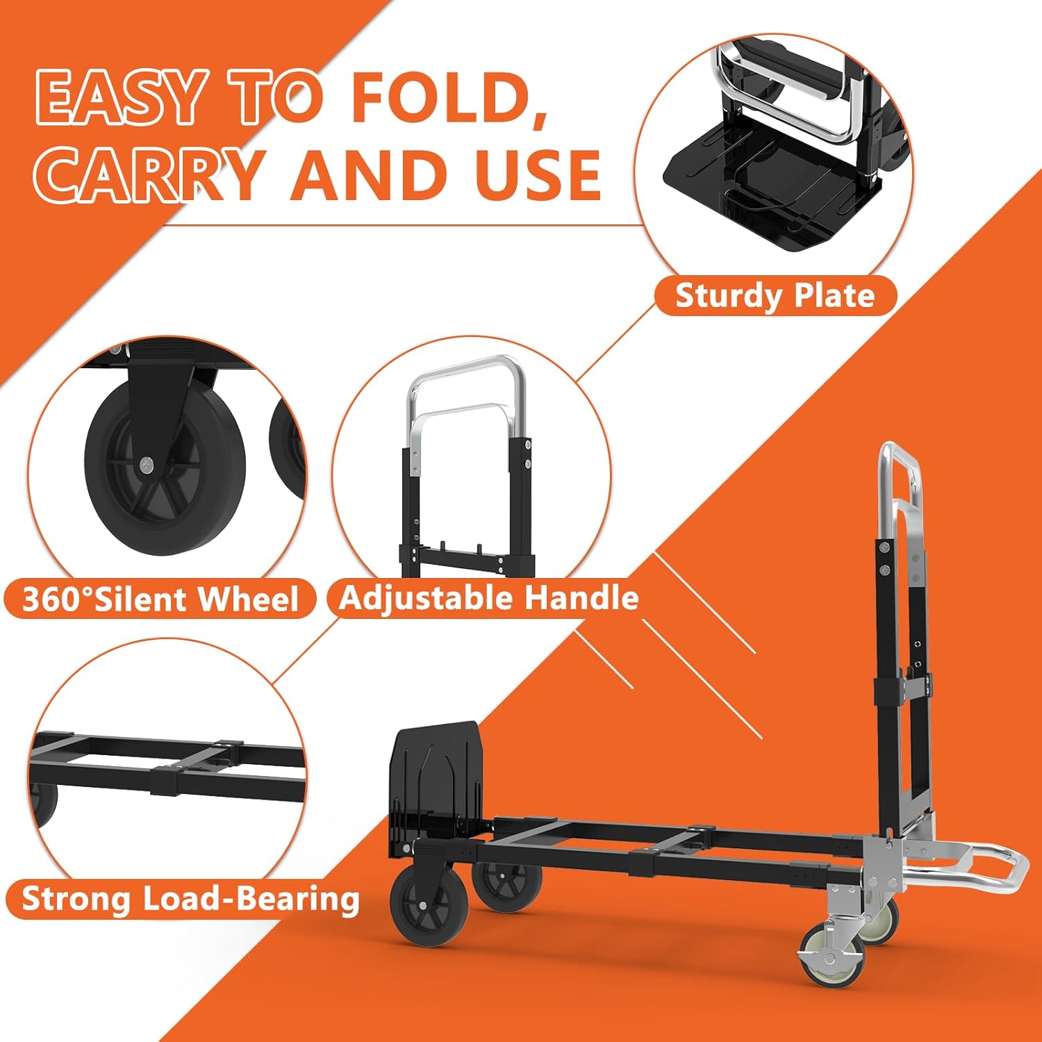 3 in 1 Heavy Duty Folding Hand Truck, Convertible Portable Steel Dolly with Telescopic Handle, Foldable Utility Cart with Rubber Wheels, 500 LBS