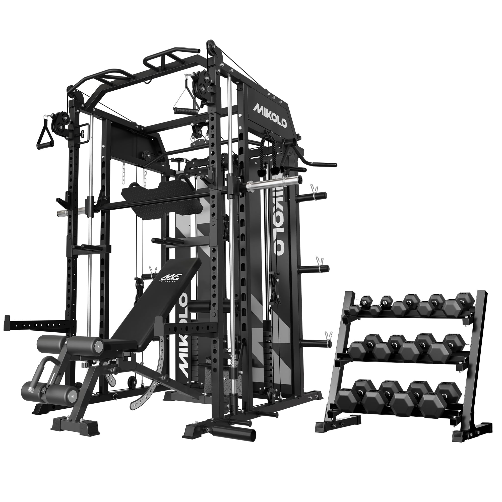 Mikolo Smith Machine with Weight Stack, Power Cage Home Gym System with LAT Pulldown &amp; Cable Crossover, Multi-Functional Trainer with Dual Pulley System, Includes 10+ Free Attachments