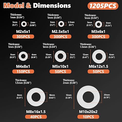 Miniatura 2 de Kit de surtido de 1205 arandelas planas de nailon - M2 M2.5 M3 M4 M5 M6 M8 M10 arandelas planas para tornillos y pernos - Arandelas de plástico
