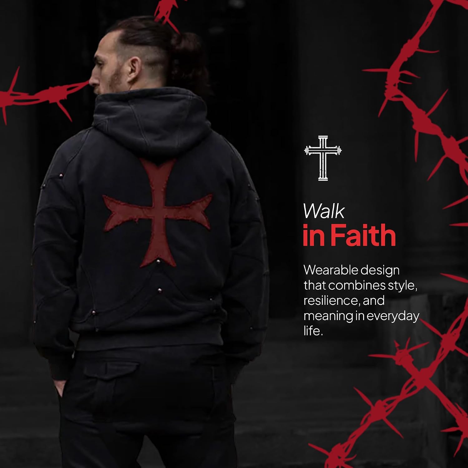 SAINT KAIZEN Crusader Armor Hoodie - 420 GSM Sweatshirt with Raw-Edge Patchwork Cross, Layered Sleeve Paneling, Acid Wash