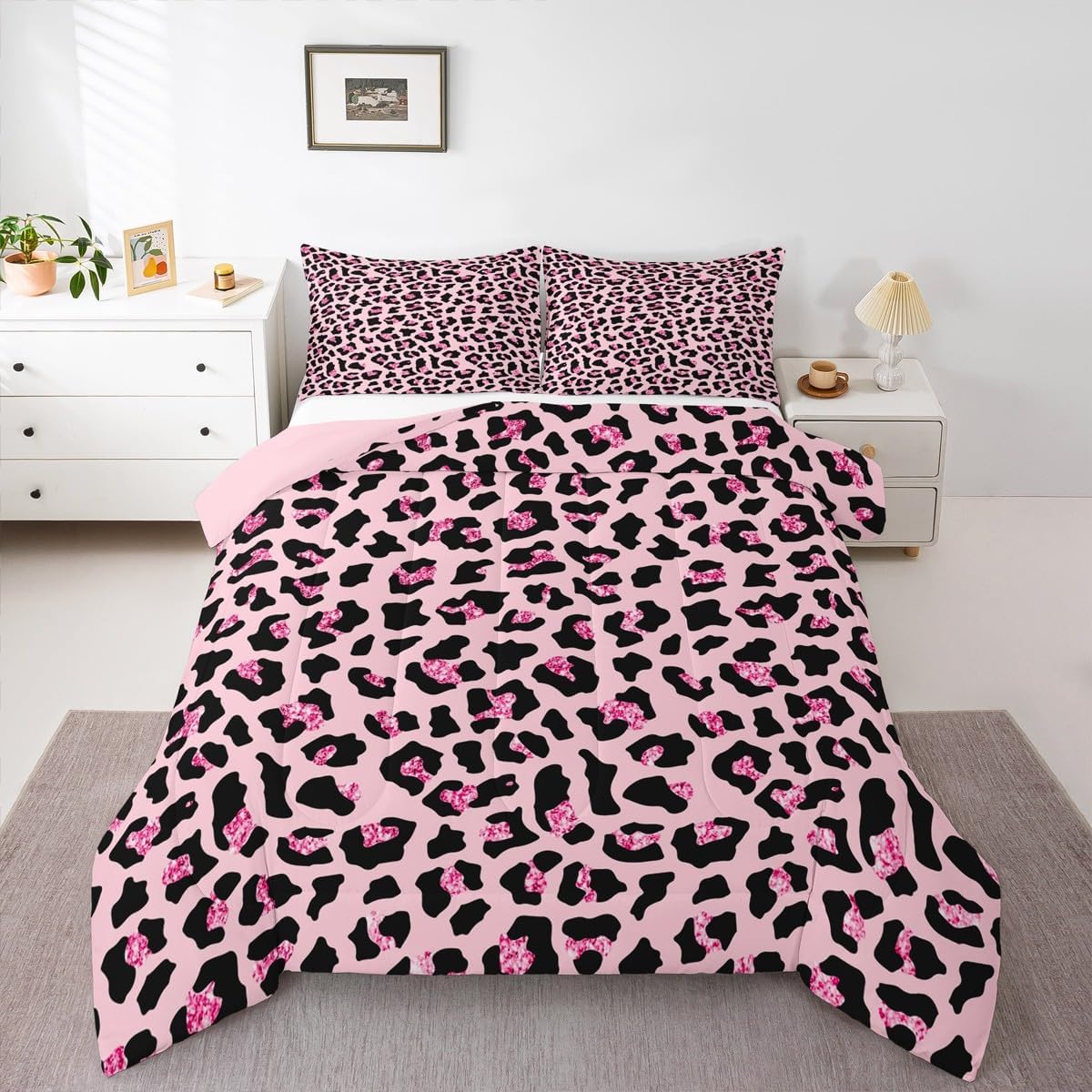 jejeloiu Leopard Fur Print Comforter Set Queen Size Safari Cheetah Bedding Set for Kids Boys Girls Animal Print Pink Duvet Quilt Bedroom Decor Microfiber 3 Pcs with 2 Pillow Cases
