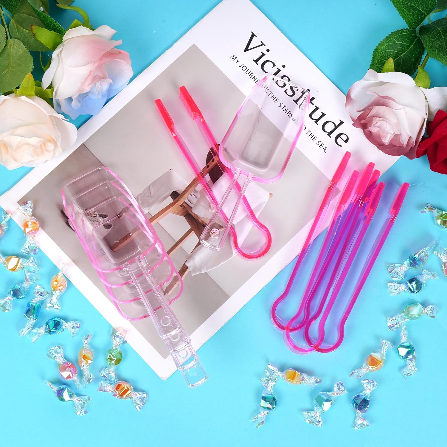 12Pcs Clear Plastic Ice Scoops Tongs Set, Small Tongs for Serving Food, Mini Candy Scoops for Candy Buffet Dry Goods Freezer Bin Canisters (Clear Pink)