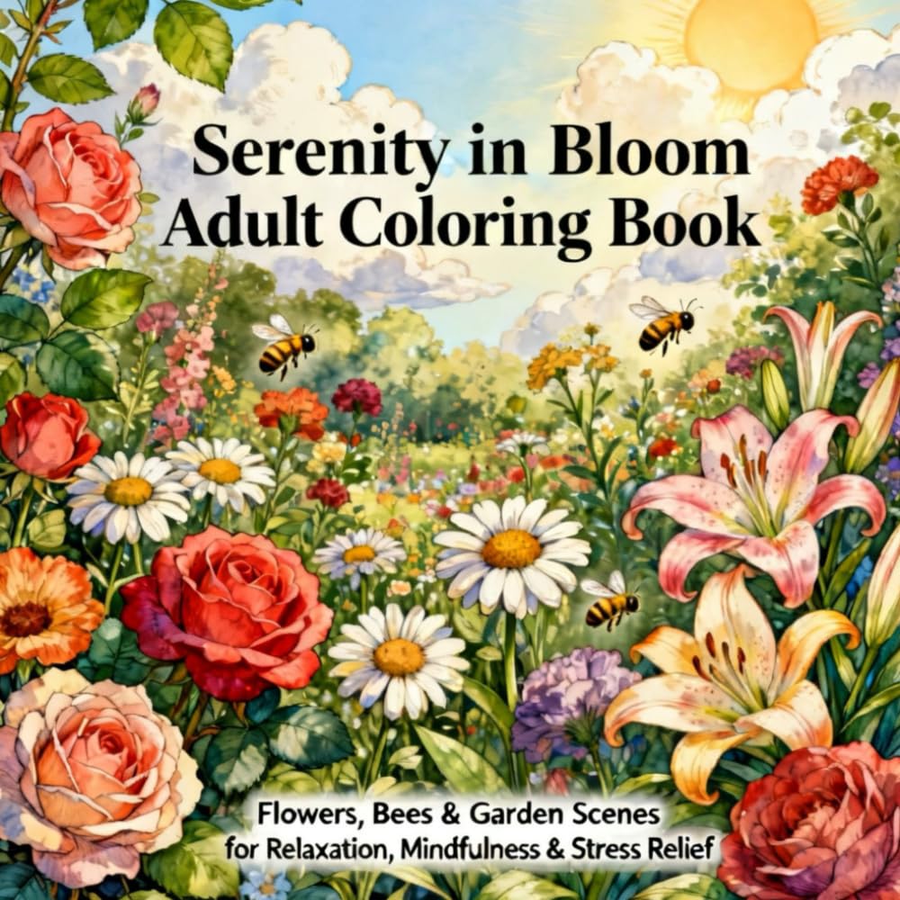 Serenity in Bloom: Adult Coloring Book: Flowers, Bees & Garden Scenes for Relaxation, Mindfulness & Stress Relief