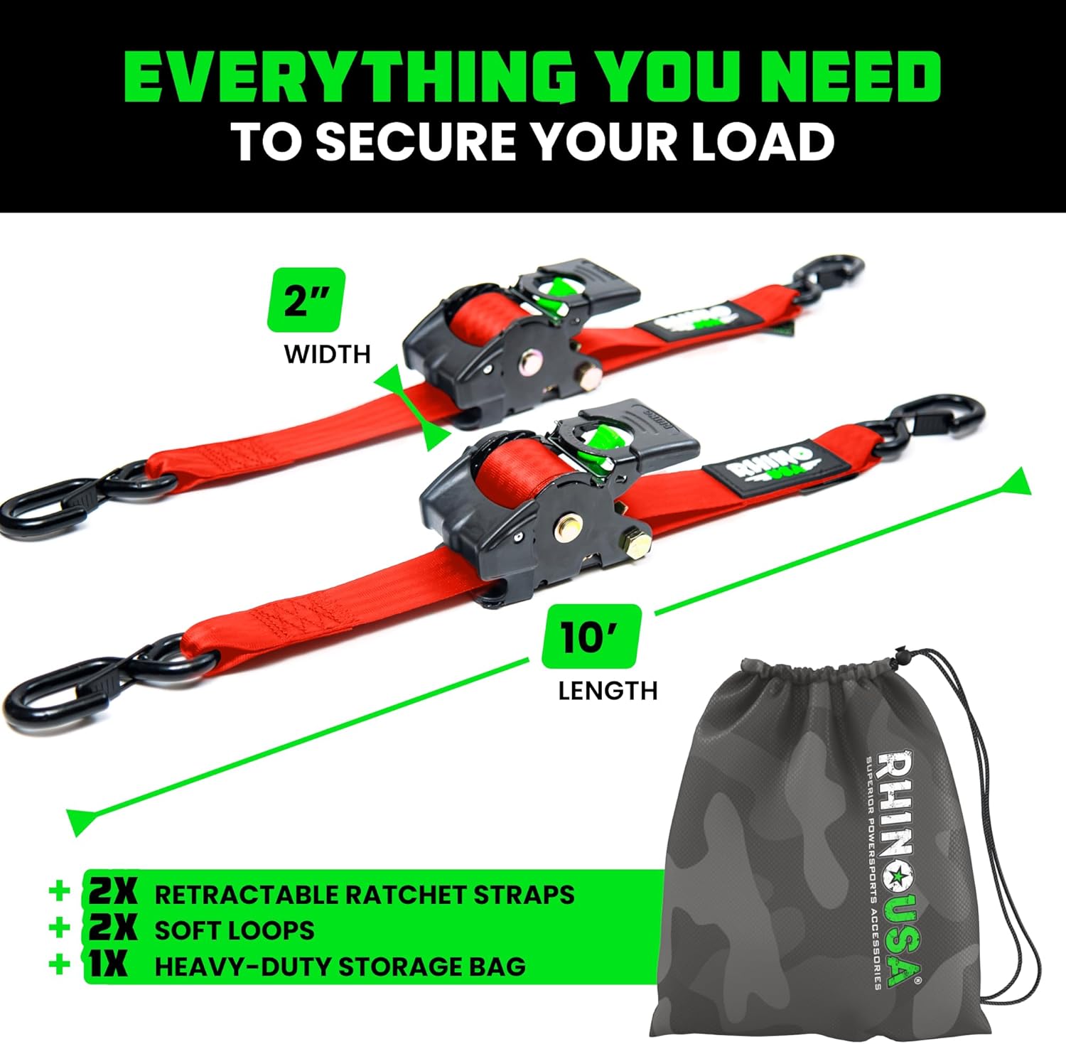 Rhino USA Retractable Ratchet Straps (2-Pack) - 2 Inch x 10 Feet (3,033lb Break Strength) - Heavy Duty Auto Self Retracting Tie Down Straps for Truck, Cargo Trailer, Motorcycle, Rad & More - Red - Image 5