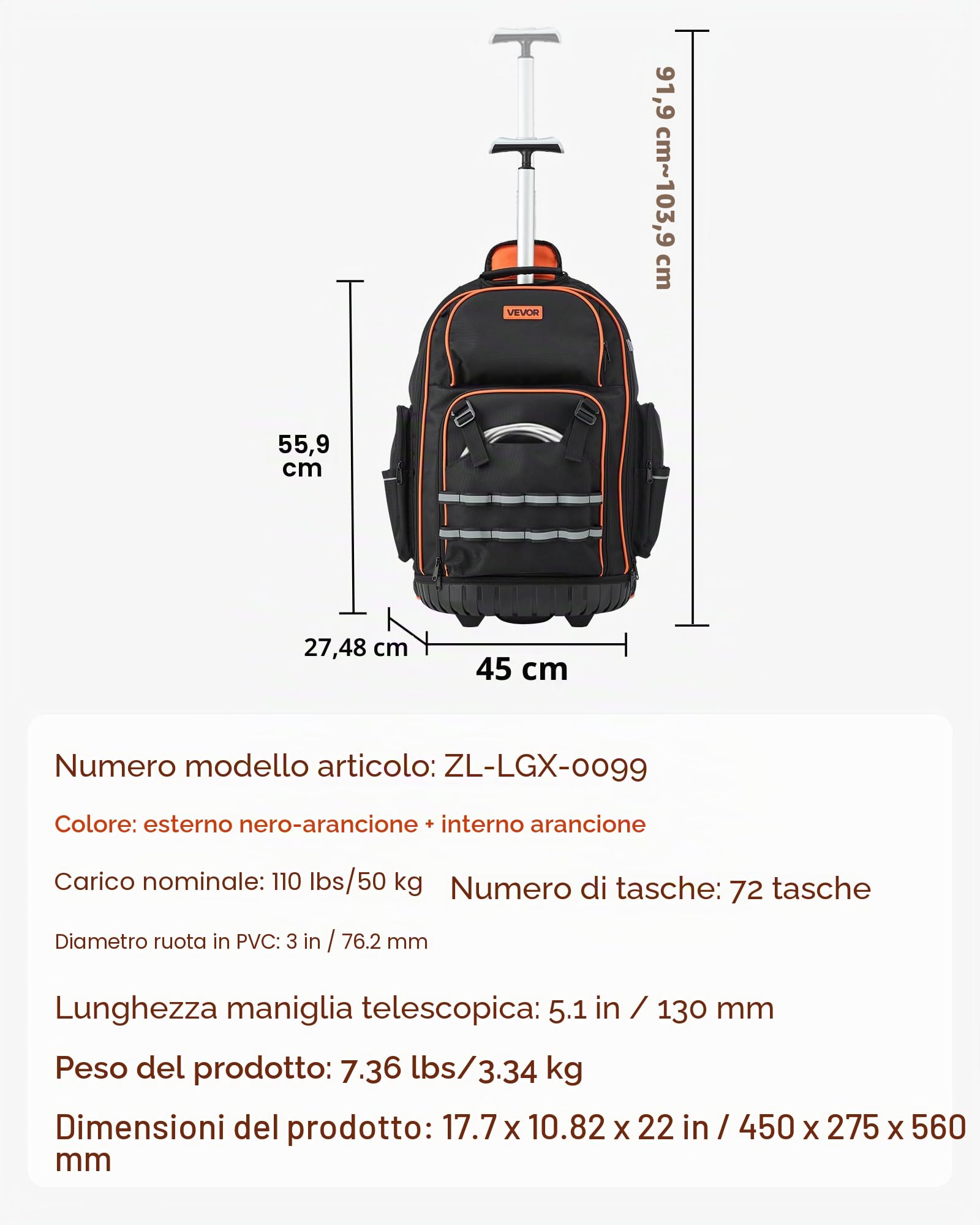 VEVOR Zaino Portautensili con Ruote, Capacità 50 kg, Borsa Portautensili con Ruote da 72 Tasche, Maniglia Telescopica Regolabile e Base Stabile, Organizzatore per Borse per Edilizia, Meccanico