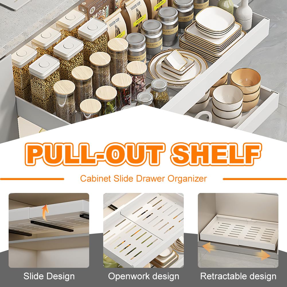 Schubladen-Organizer für die Küche, selbstklebendes ausziehbares Regal, platzsparende Aufbewahrungslösung, 42 x 32 x 7 cm, ideal für Küchenorganisation und Entwirrung