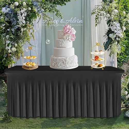 Miniatura 4 de Faldas de mesa negras para mesas rectangulares de 6 pies, manteles para mesas de 6 pies, elastano lavable con volantes elásticos para banquetes,