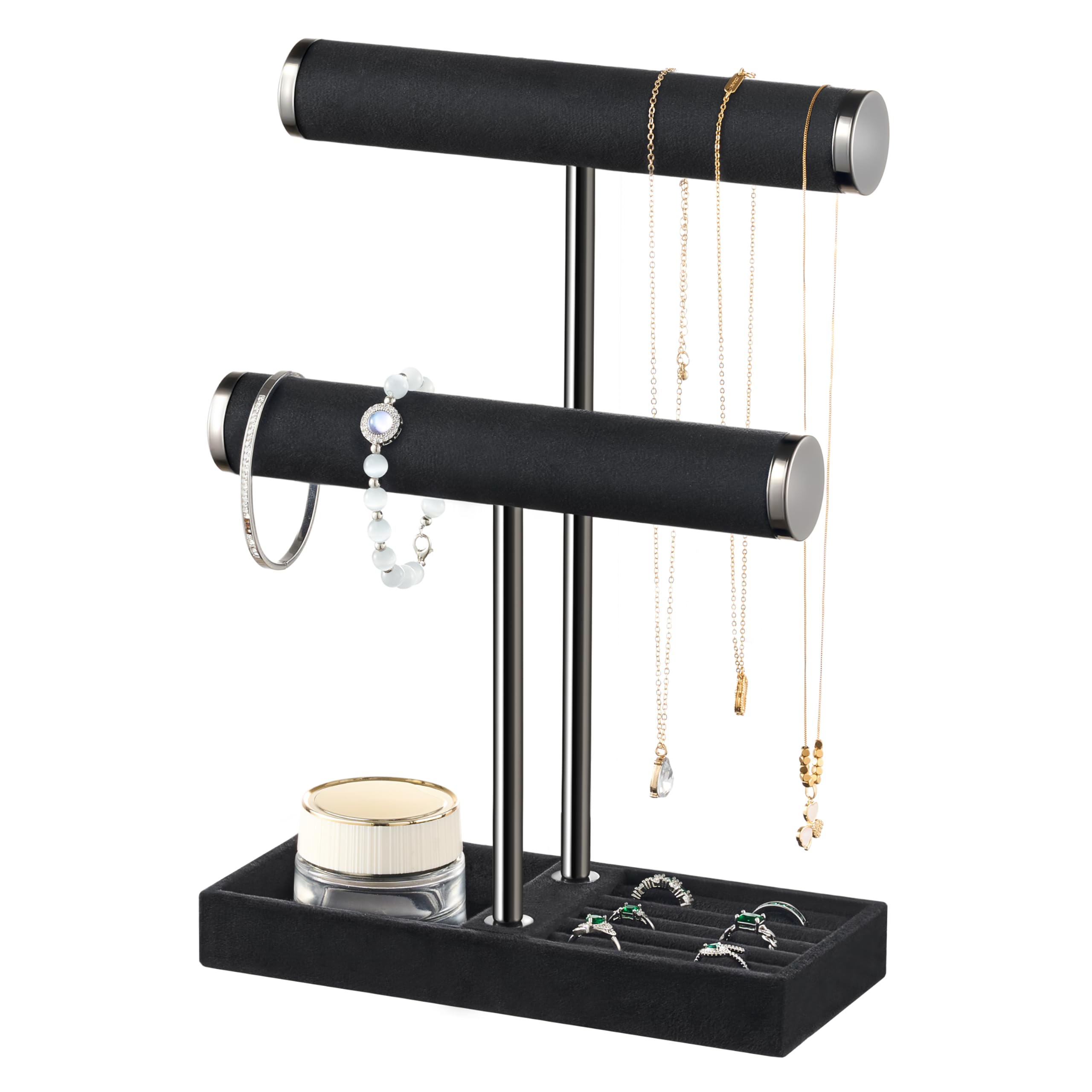 Josmimic Schmuck Organizer mit 2 Ebenen - Schwarz Schmuckständer Armbänder, Abnehmbarer T-Steg Schmuck Ständer, Samt-Armbandhalter, Schmuckhalter für Armband, Halskette, Uhren, Ringe