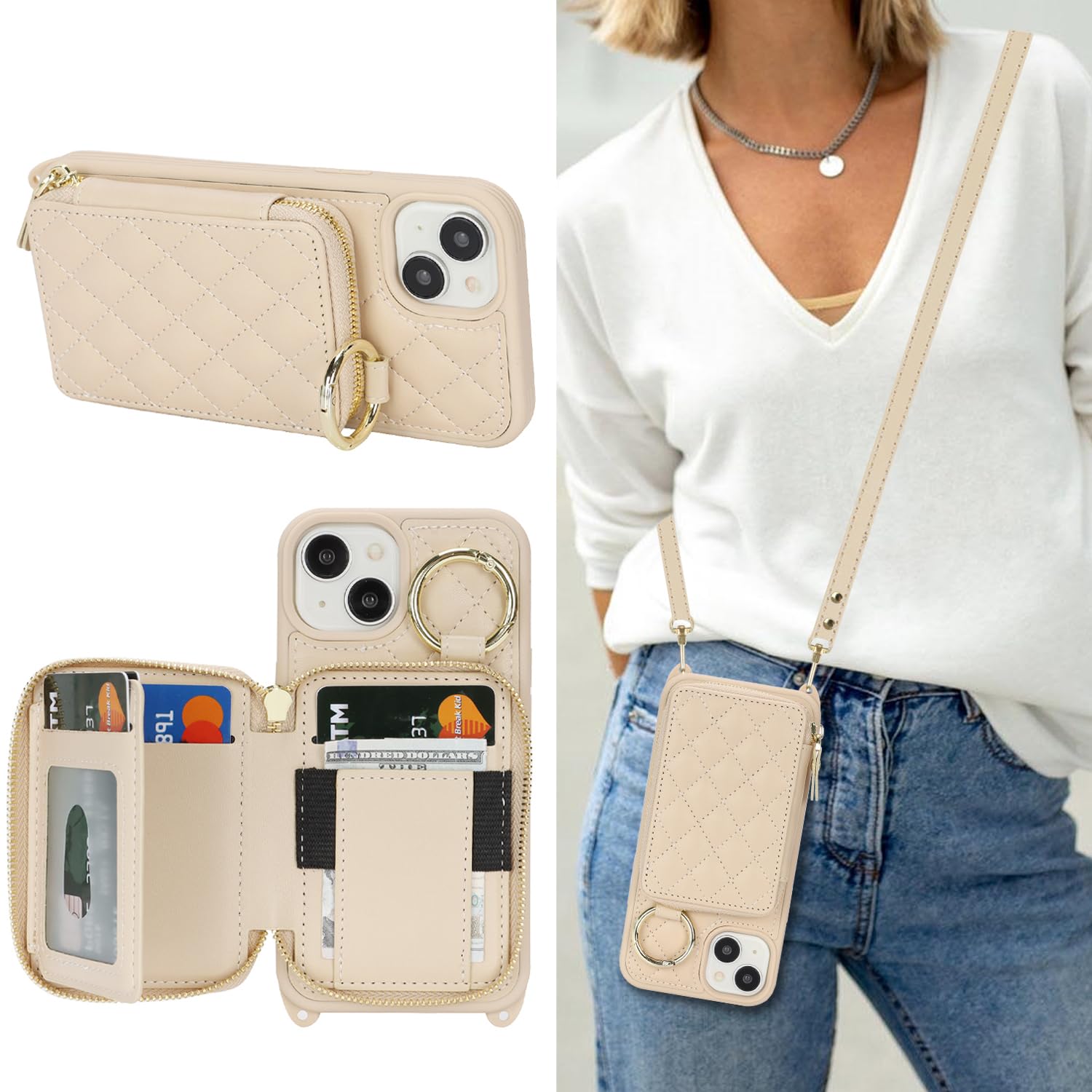 Crossbody Wallet Case for iPhone 13-White