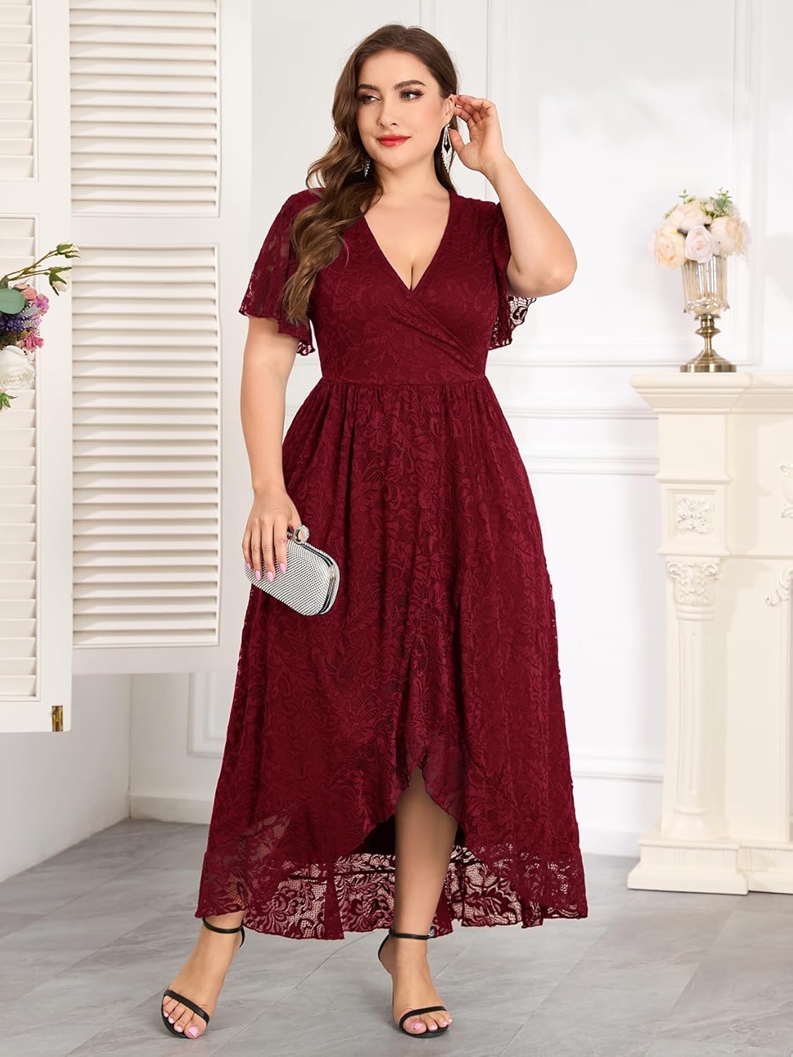 ZOMVA Plus Size Floral Lace Dress Wrap V Neck High Low Ruffle Sleeve Evening Gown Formal Dresses Wedding Guests Cocktail - Image 2