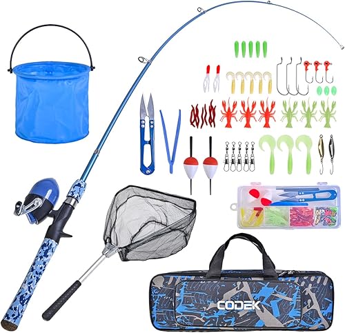 CODEK Kids Fishing Pole Set with Full Starter Kits 2 Set Portable Telescopic Fishing Rod and Spincast Reel Cambos with a Fishing Net and 2 Buckets