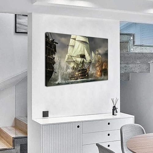 Vista 36 de RAOMAAE Cuadro de arte de pared de batalla naval, barco pirata, velero, póster impreso, lienzo moderno, hogar, sala de estar, oficina, decoración