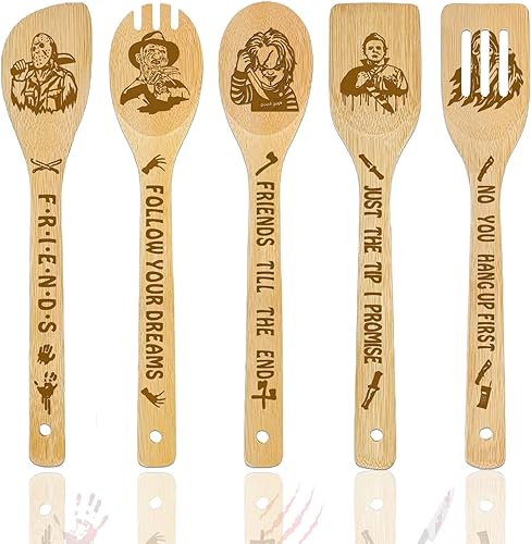 Regalos de decoración de productos de película de terror, cucharas de madera para cocinar, juego de utensilios de cocina de bambú natural, paquete