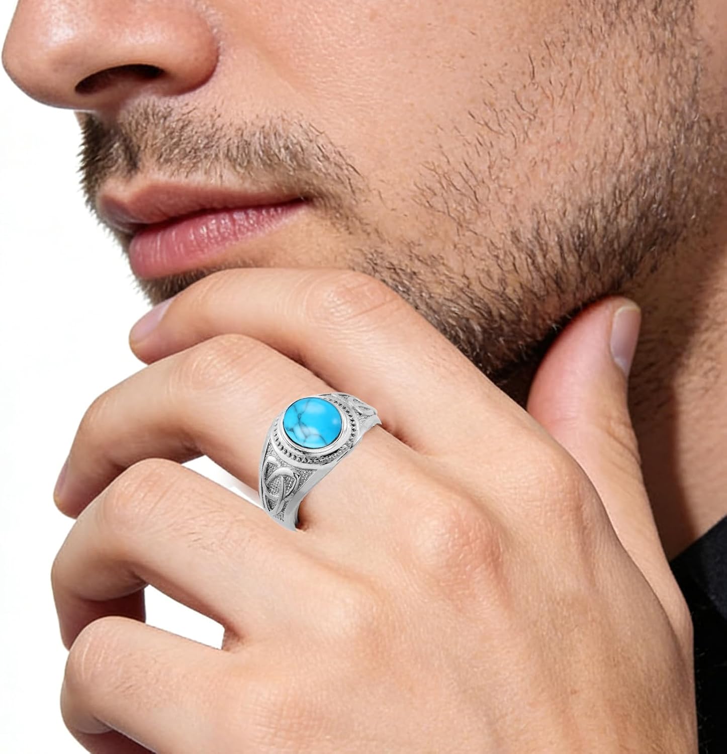 8mm Natural or Lab Created Gemstone with Celtic Knot Vintage Man Ring 925 Sterling Silver Retro Birthstone Statement Ring for Father Husband Man Gifts Size 5-18