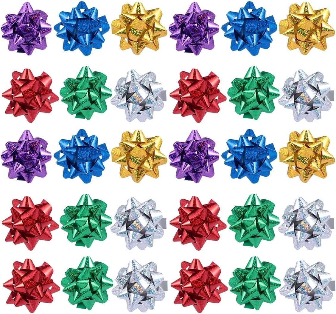 50Pcs Mini Christmas Gift Bows - 1" Metallic Star Self-Adhesive Wrapping Accents, Vibrant All-Occasion Bows for Presents/Crafts/Party Decor, Holiday and Valentine's Day Essentials (Mixed Colors)