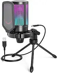 FIFINE Microfone USB Para Jogos Para PS5 PC, Microfone Condensador Com Mudo Rápido, Indicador RGB, Suporte De Tripé, Pop Filter, Suporte De Choque, Controle De Ganho Para Twitch Podcasts -A6V