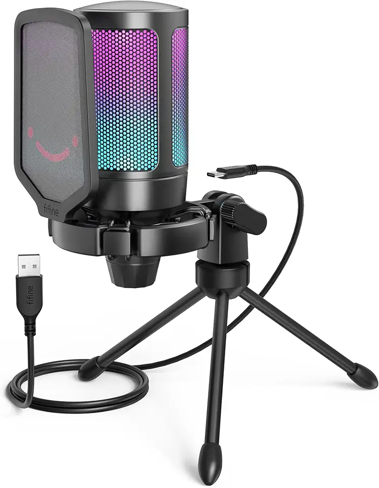 FIFINE Gaming USB Microphone for PC PS5, Condenser Mic with Quick Mute, RGB Indicator, Tripod Stand, Pop Filter, Shock Mount, Gain Control for Streaming Discord Twitch Podcasts Videos- AmpliGame Global Recycled Standard