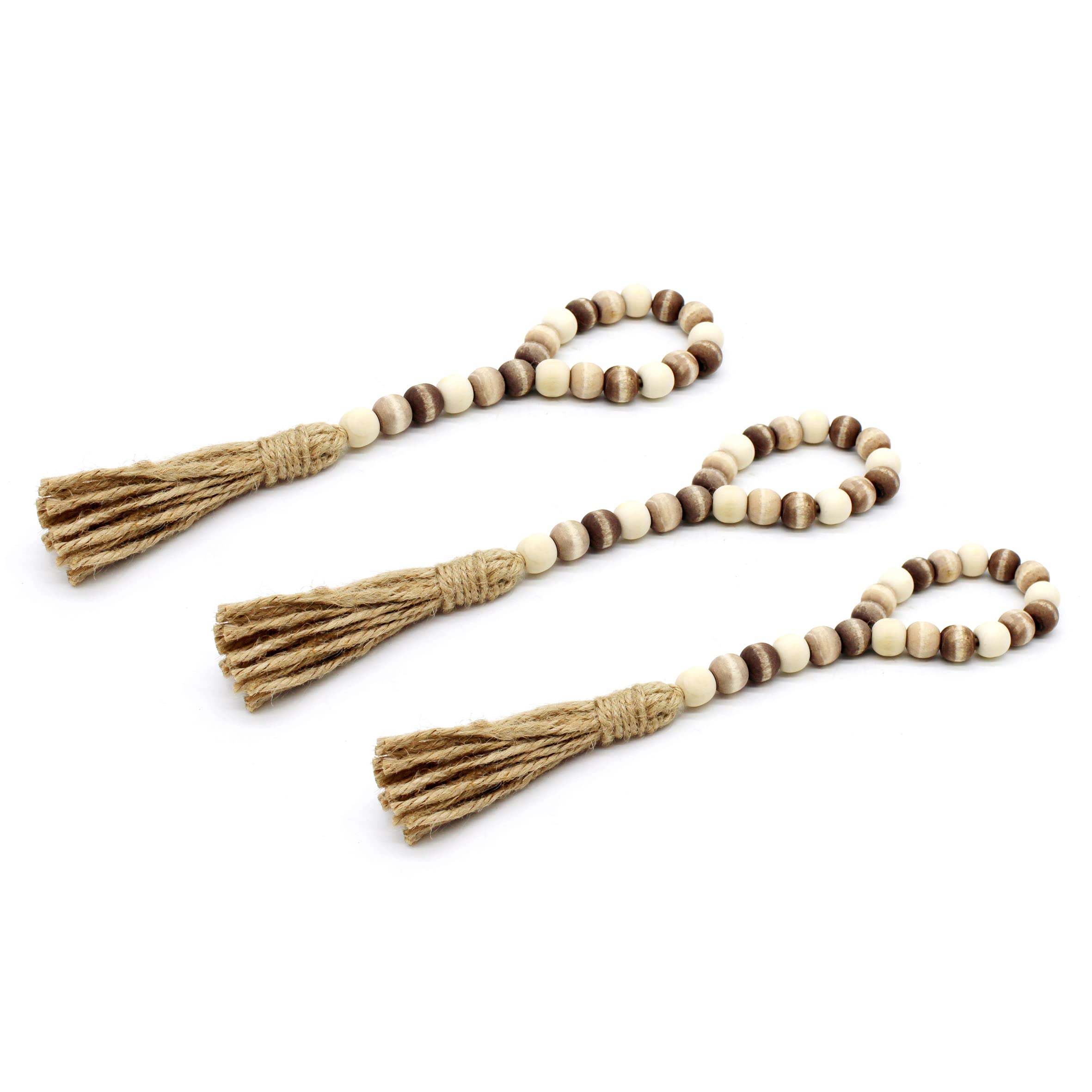 CVHOMEDECO. Wood Bead Garland With Tassels 3 PCS Farmhouse Rustic