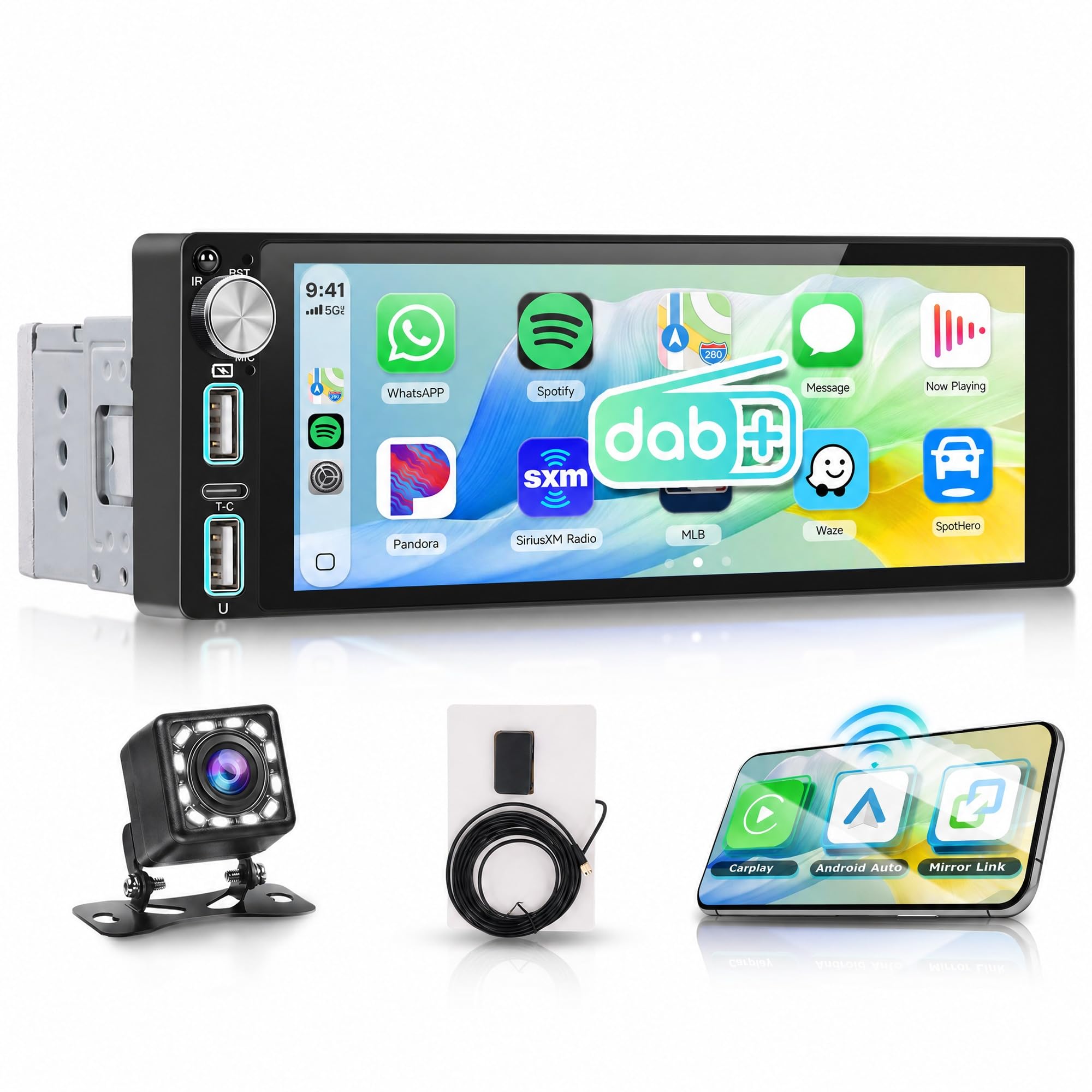 Rimoody DAB+/DAB Autoradio 1 Din con Wireless Carplay Android Auto Bluetooth 5.2 FM/AM Radio, 6.86 Pollici Touchscreen Radio con Mirror Link USB/EQ/Type C Controllo del Volante Telecamera Posteriore