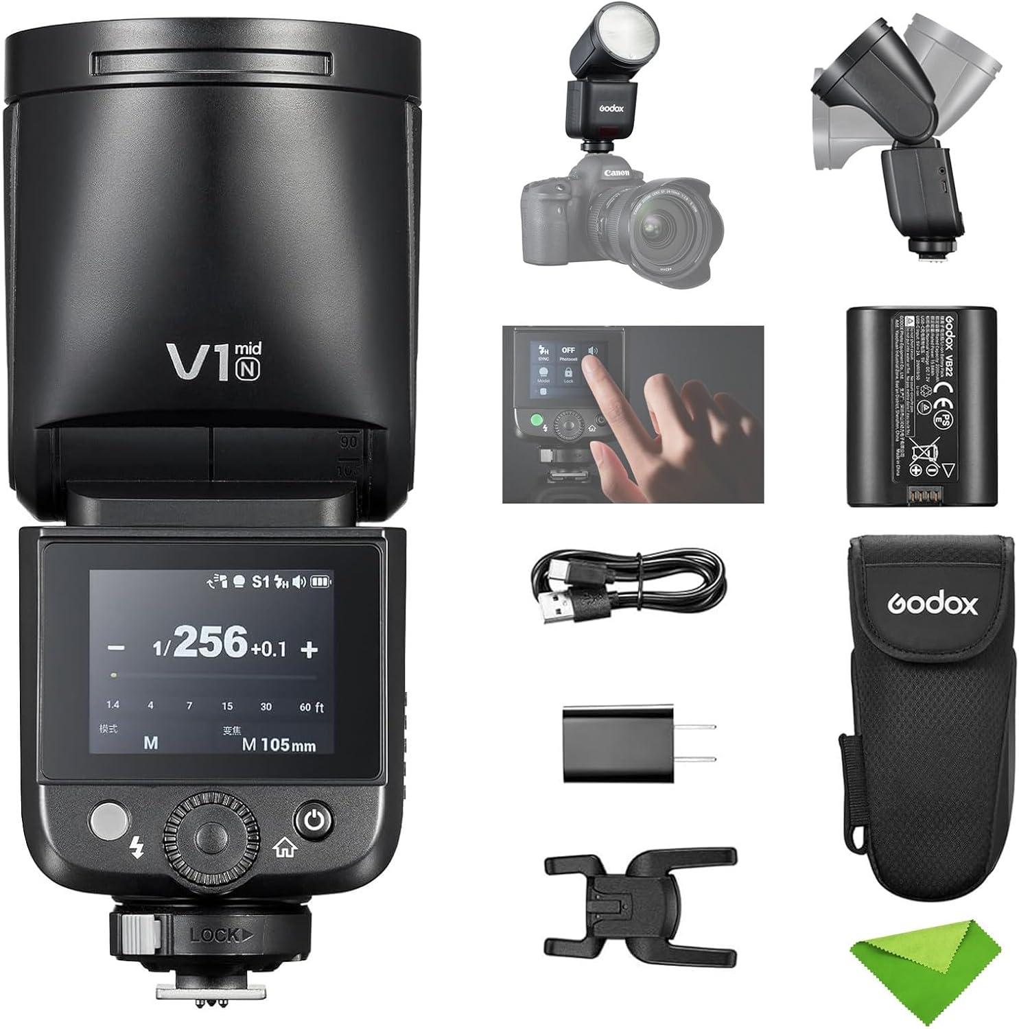 Godox V1 mid N V1midN TTL Flash for Nikon, Touchscreen Round Head mini Flash, 1.7s Recycle Time, Approx. 650 Full Power Flashes, 2W LED Modeling Lamp, 1/8000 HSS, Li-ion Battery Speedlight for Nikon