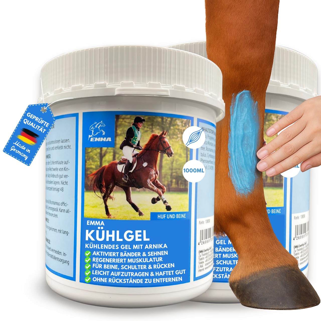 EMMA Gel rinfrescante per cavalli, balsamo per cavalli, rinfrescante, 2 x 1000 ml, balsamo refrigerante per cavalli con unguento di arnica, extra forte, unguento per cavalli, rinfrescante, tendini