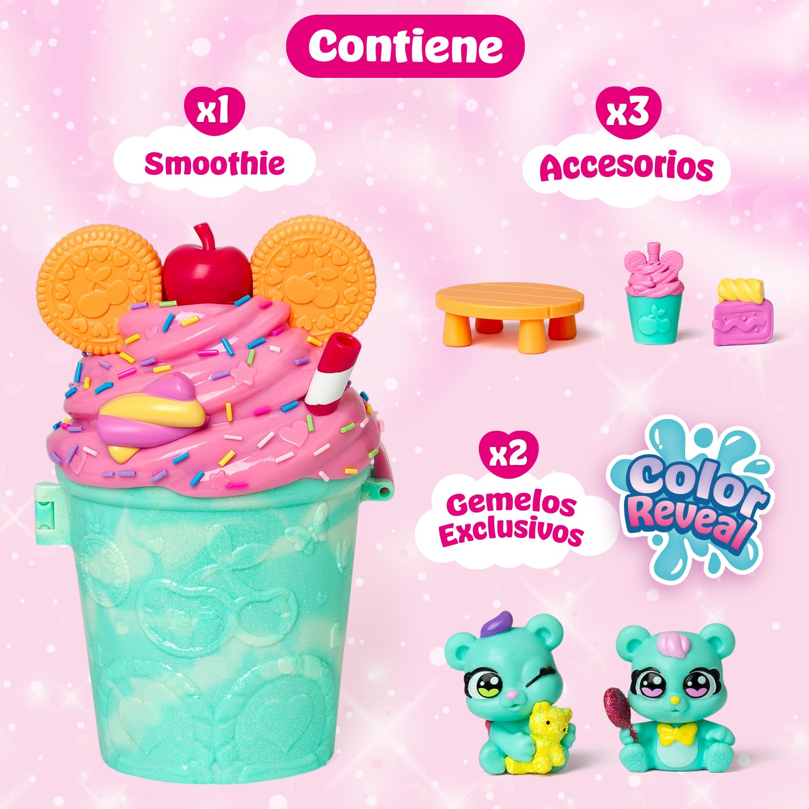 Cherry Pets – Smoothie Fun Park Bear Twins. Casita con Parque de Atracciones en Forma de Smoothie: Incluye 1 Smoothie, 2 Figuras exclusivas “Color Reveal” y 3 Accesorios - 3