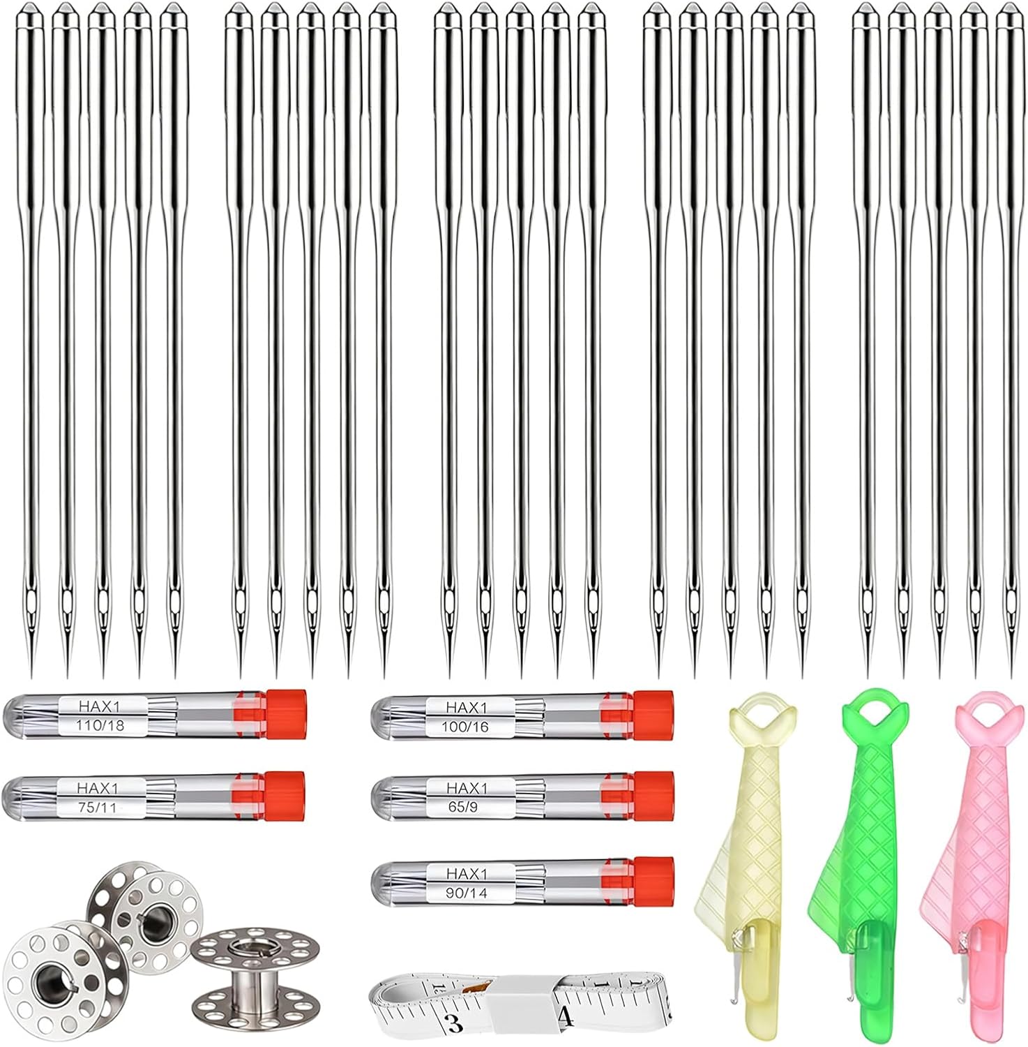 50PCS Sewing Machine Needles kit, Universal Sewing Machine Needle, 5 Size HAX1 65/9, 75/11, 90/14, 100/16, 110/18 (10 of Each Size), with Sewing Notions 3 Spools, 3 Needle Threaders and 1 Tape Measure