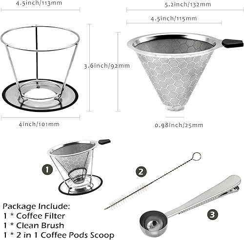 Miniatura 2 de LIGICKY Filtro de café reutilizable manual profesional de acero inoxidable para café, cono de café, colador de café, cafetera sin papel para 2-4
