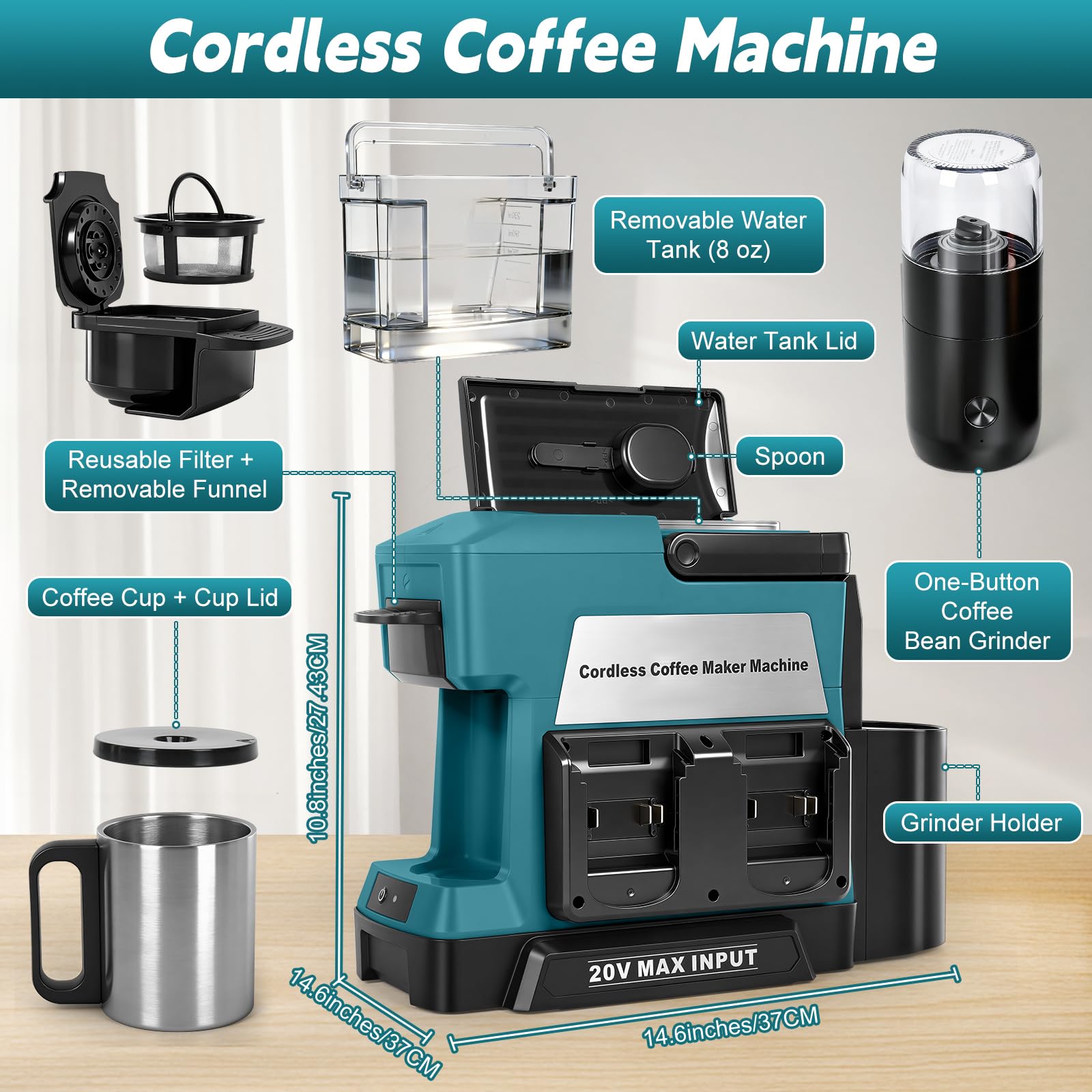 Cafetera inalámbrica para batería Makita de 18 V (sin batería), cafetera portátil de goteo con molinillo de café eléctrico y taza de café, para caravana, camping, viajes