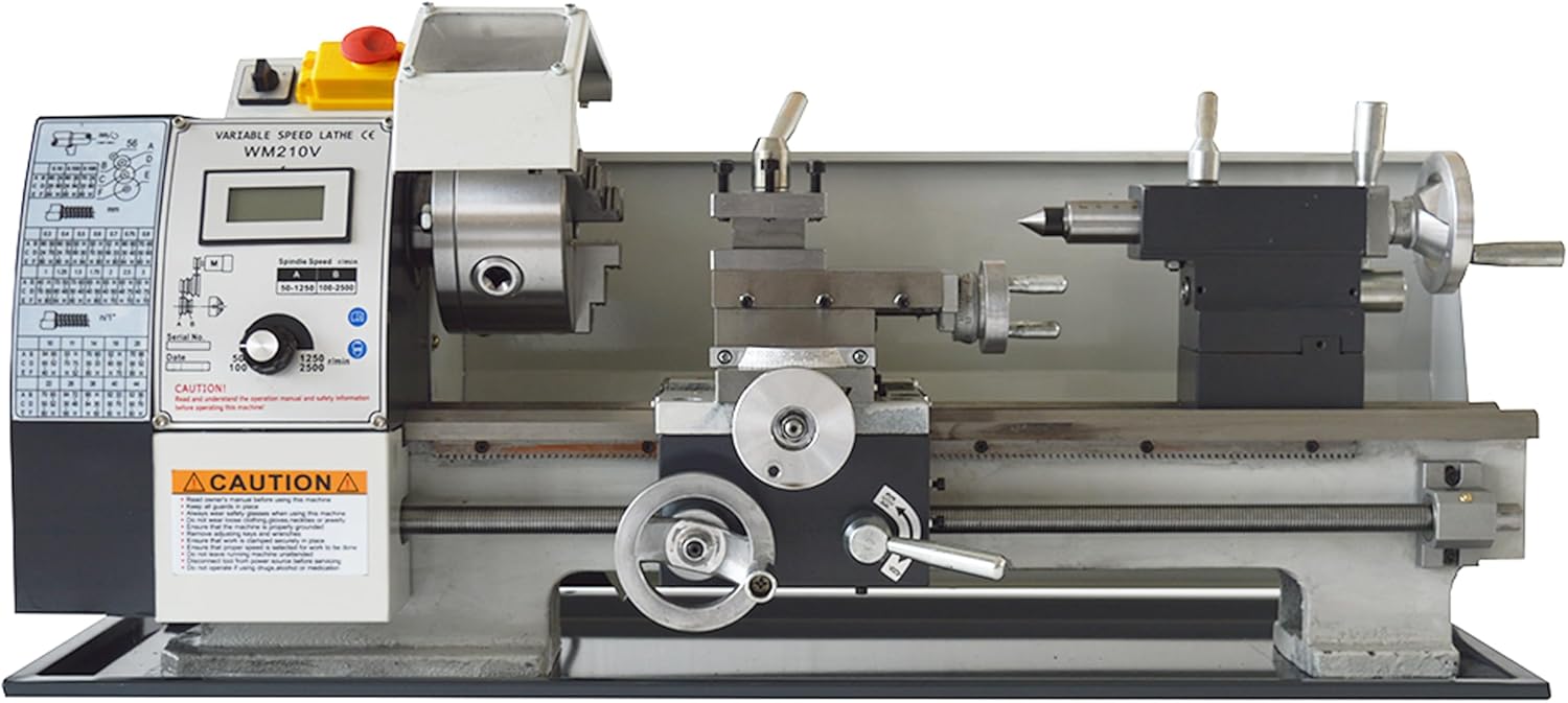 Metal Bench Lathe Machine 8 * 16 Inch for Milling Drilling Metal Working with Adjustable Speed Three-Jaw Chuck Imperial Scale Emergency Stop Switch 900W