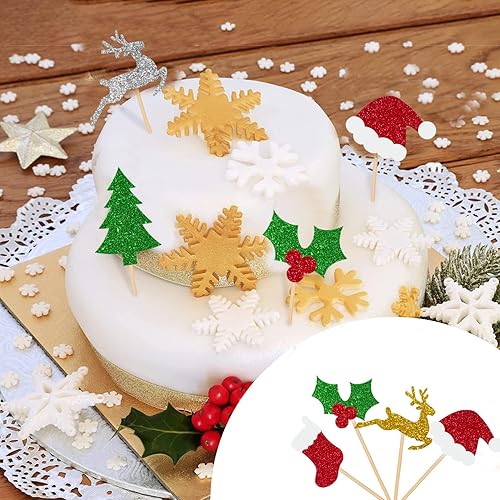 Miniatura 7 de 60 piezas de decoración de cupcakes de Navidad de doble cara con purpurina para decoración de pasteles, banderas de palillos de dientes, sombreros