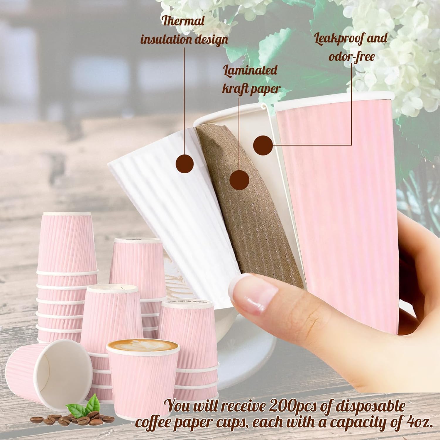 TINSKY 200 Pcs 4oz Paper Espresso Cups Ripple Wall Hot Cups For Pink Disposable Coffee Cup Paper Hot/Cold Drinking Cups for Party, Picnic, Travel and Events - Image 7