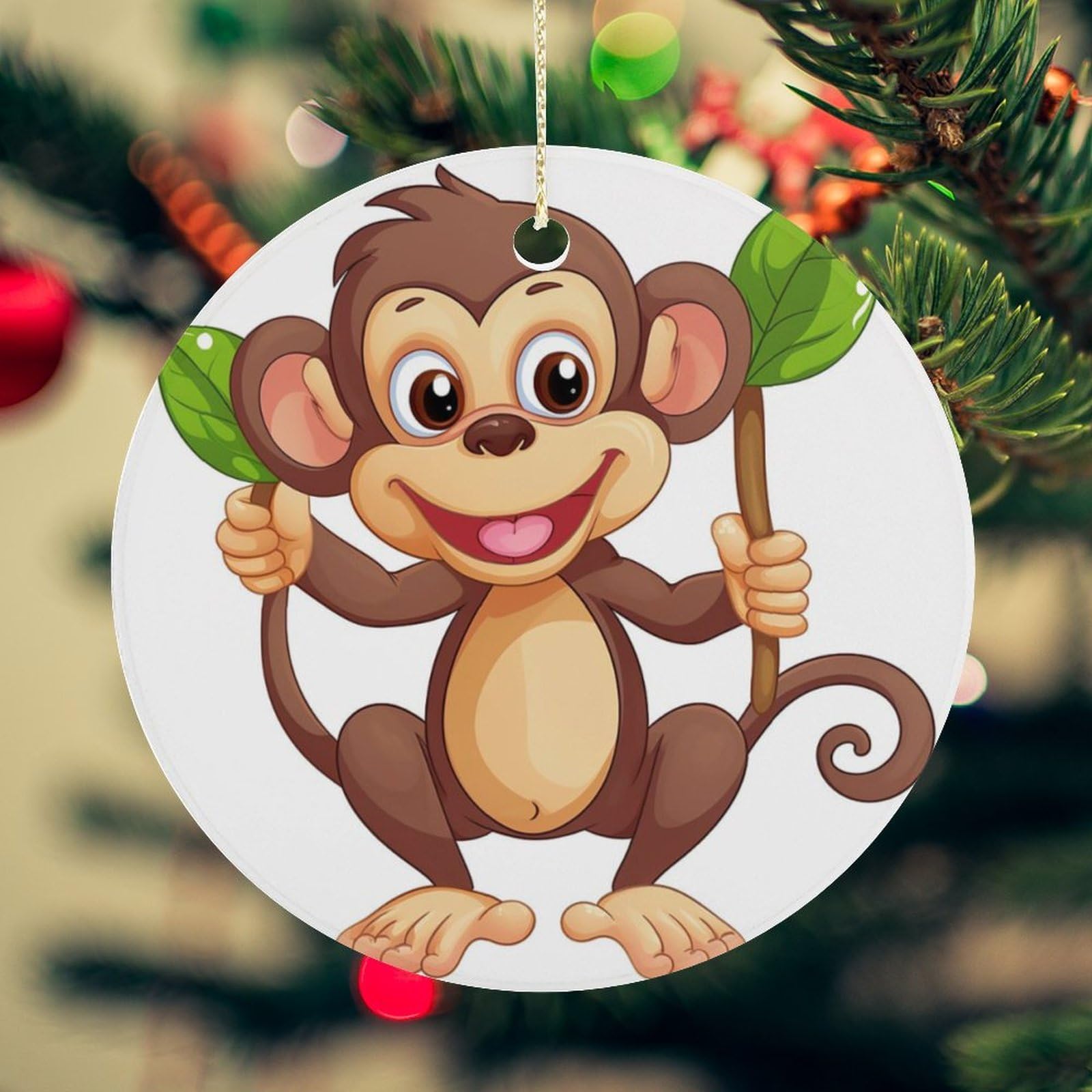 Cartoon Monkey Christmas Ornament for Christmas Tree Ceramic Round Ornament Winter Holiday Keepsake Gift 2.7" Christmas Tree Hanging Decorations Circle Ceramic Pendant Xmas Gift