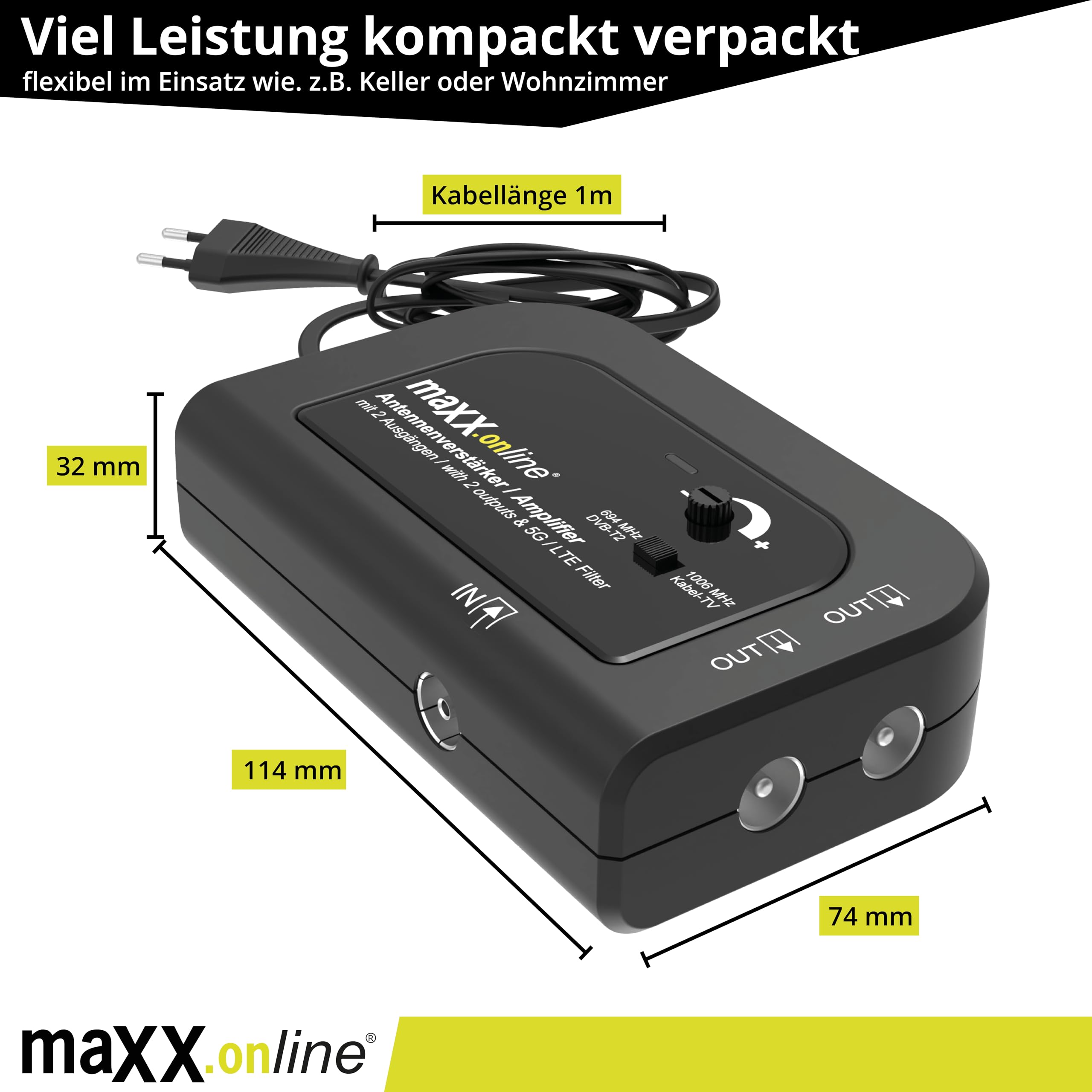 Amplificador de Antena con 2 Salidas, Amplificación de 20 dB, Filtro 5G/LTE para DVB-T2, Televisión por Cable, Amplificador de Vivienda, Modelo VST 9342v3