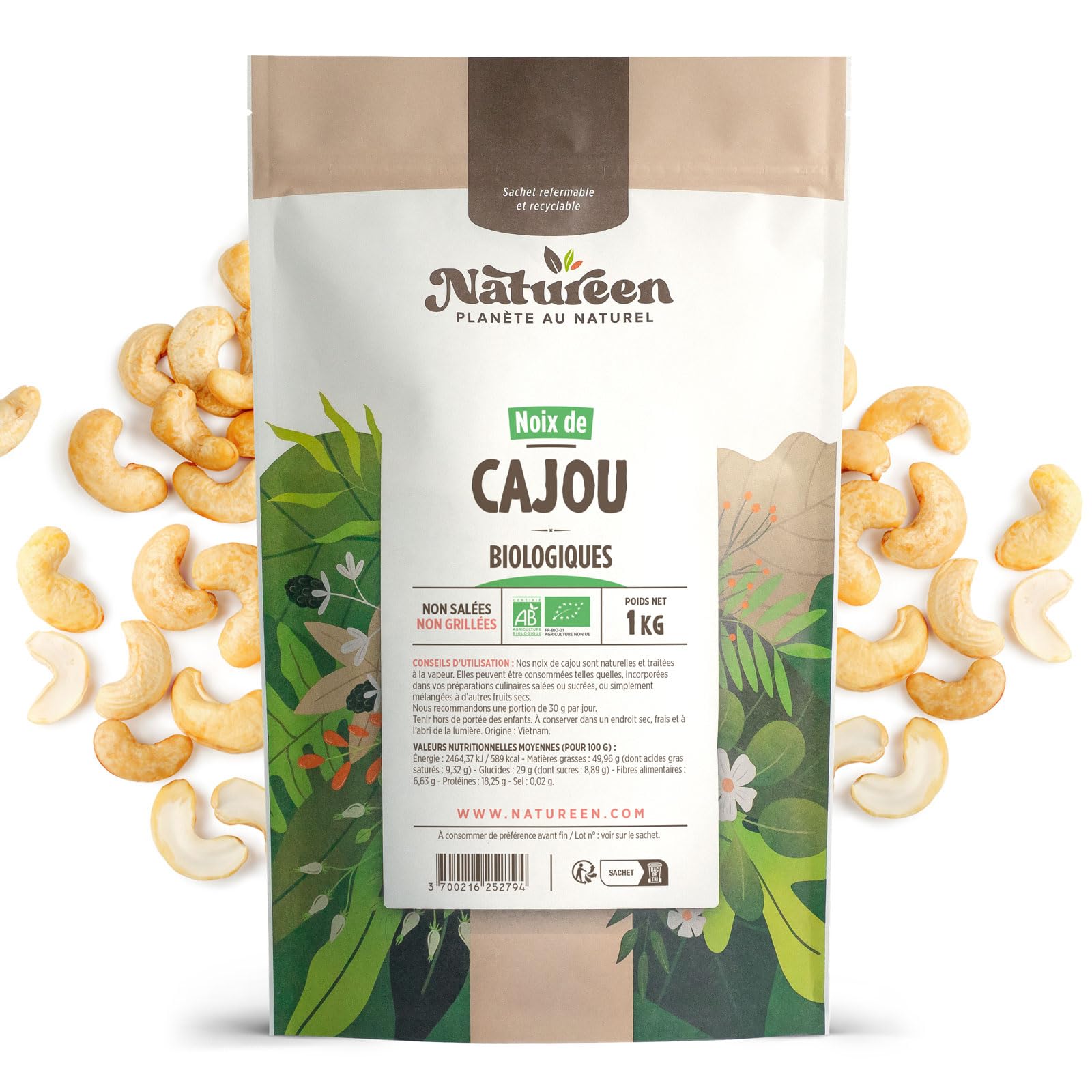 Noix de Cajou Bio 1 kg - Décortiquées - Non Salées - Non Grillées