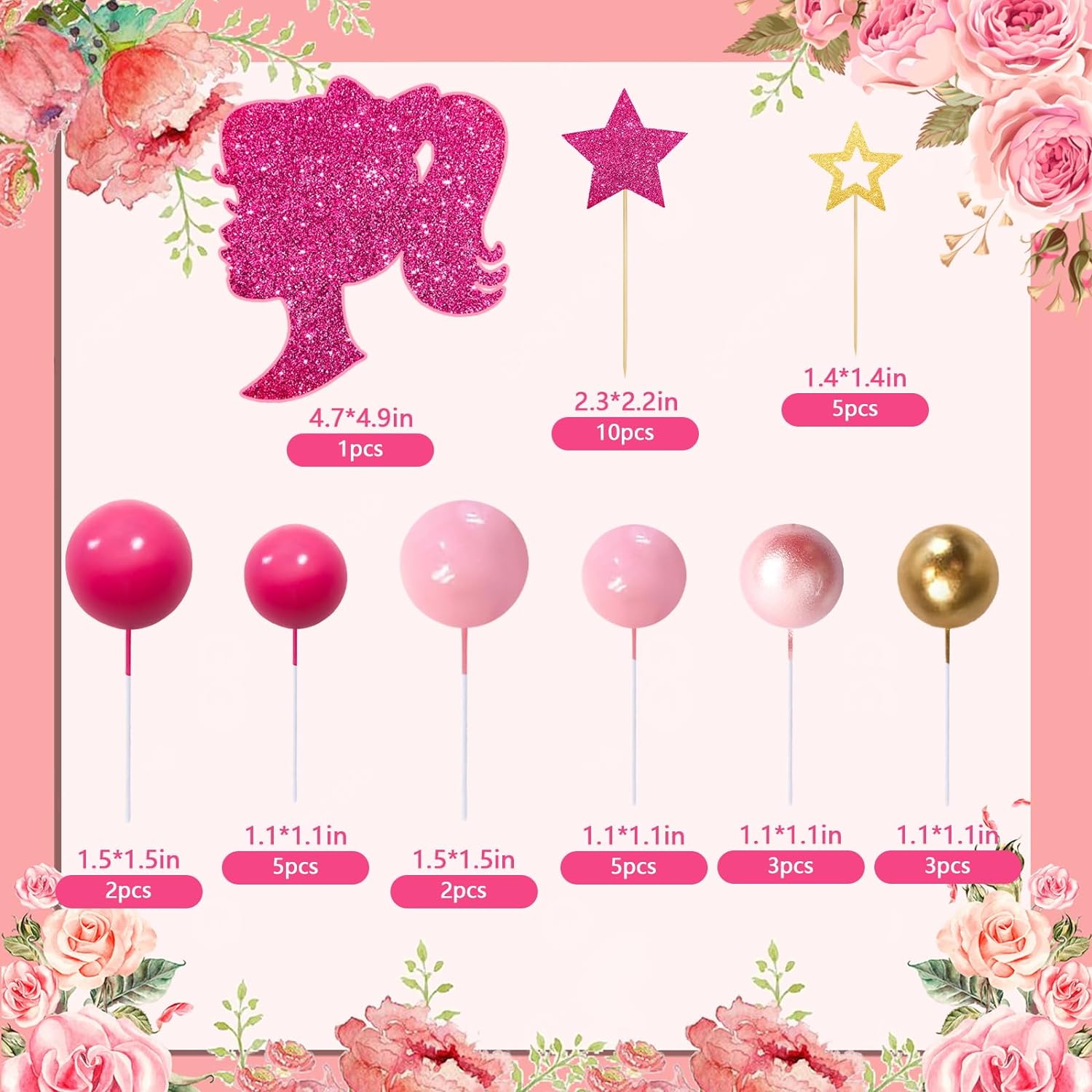 MEMOVAN Hot Pink Girl Cake Toppers 36pcs Ball Cake Decorations with Hot Pink Gold Balls Shiny Stars for Boho Girl Pink Princess Theme Wedding Baby Shower Birthday Party Supplies