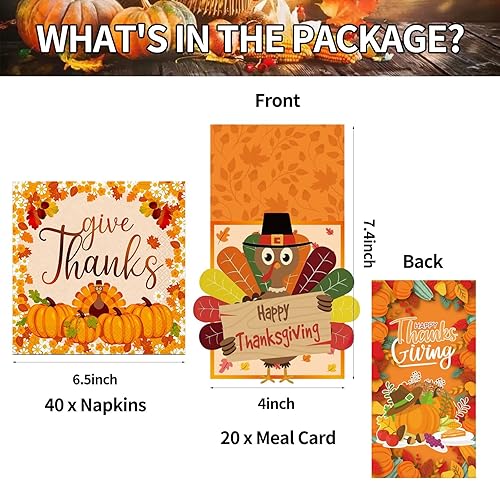 Miniatura 2 de El juego de 60 cubiertos de Acción de Gracias incluye 20 soportes para cubiertos de pavo y 40 servilletas de Acción de Gracias, decoración de mesa