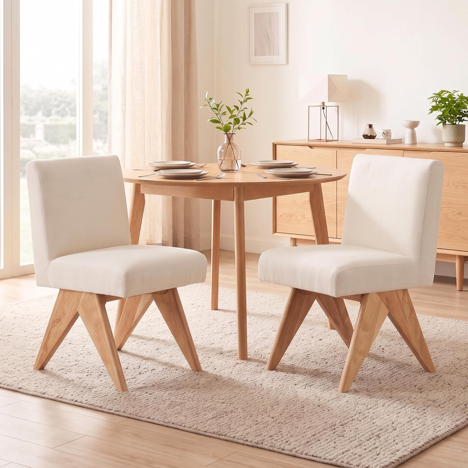 chairus Juego 2 Sillas de Comedor de Chenilla, Beige | Patas de Madera Maciza, Asiento Acolchado, Estilo Crema, Para Casa/Restaurante