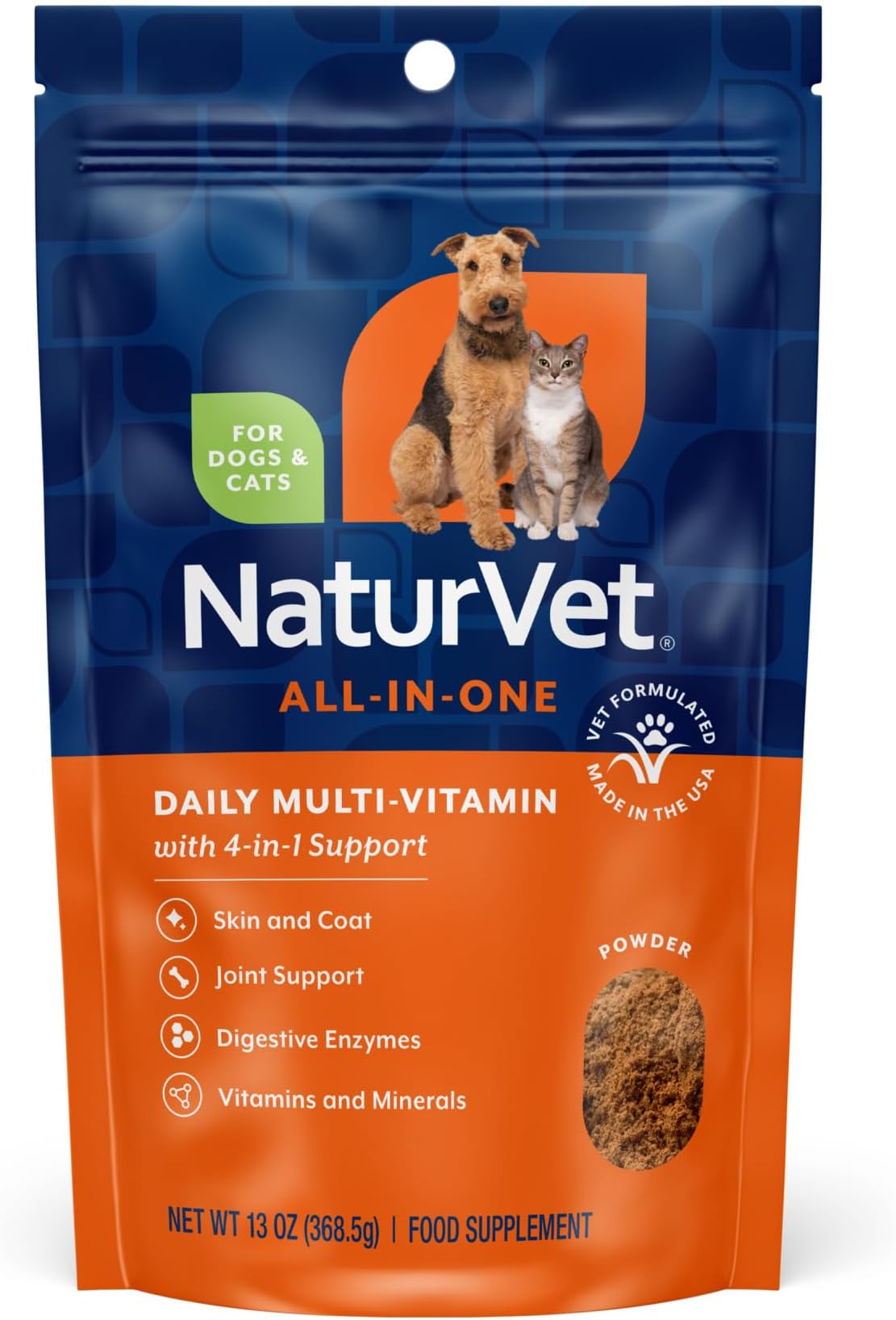NaturVet All-in-One Dog Supplement - for Joint Support, Digestion, Skin, Coat Care – Dog Multivitamins with Minerals, Omega-3, 6, 9 – Wheat-Free Vitamins for Dogs – 13-Ounce Powder