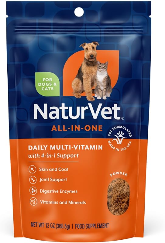 NaturVet All-in-One Cat & Dog Supplement Daily Multivitamin - 13 Oz Powder | Daily Multivitamin for Dogs & Cats - Supports Digestion, Skin & Coat with Omega-3, 6, 9 in a Wheat-Free Formula, 13 Oz Powder