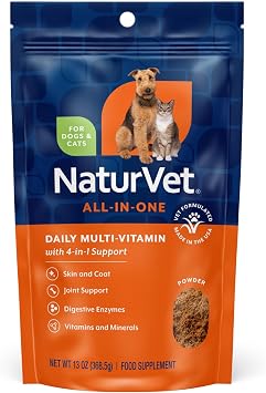 NaturVet All-in-One Dog Supplement - for Joint Support, Digestion, Skin, Coat Care Dog Multivitamins with Minerals, Omega-3, 6, 9 Wheat-Free Vitamins for Dogs 13-Ounce Powder