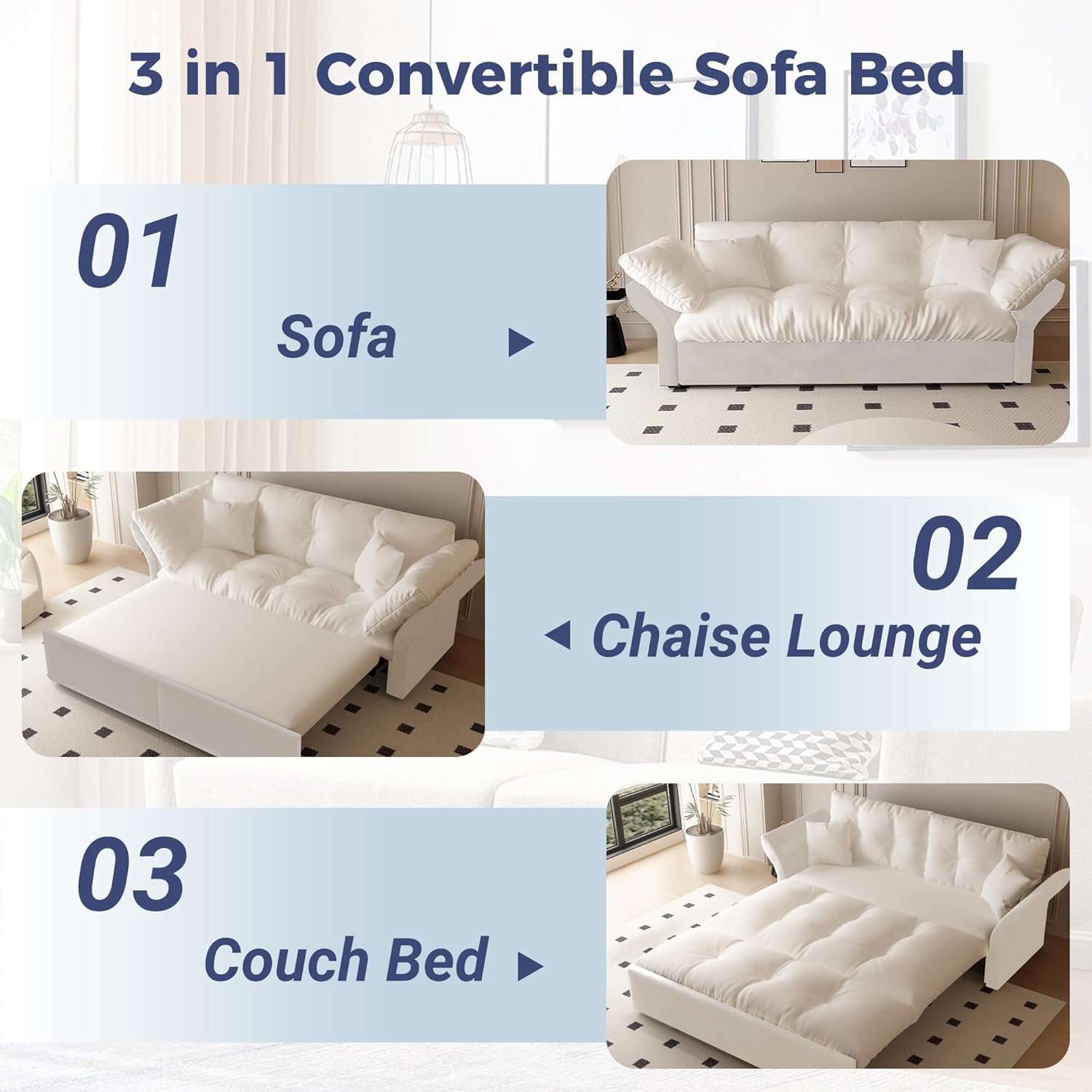 74.8" Queen Size Sleeper Sofa with Pull Out Bed, 3-in-1 Convertible Loveseat Sofa with 2 Pillows, Portable Pull Out Chaise for Living Room Apartment Small Spaces, Beige
