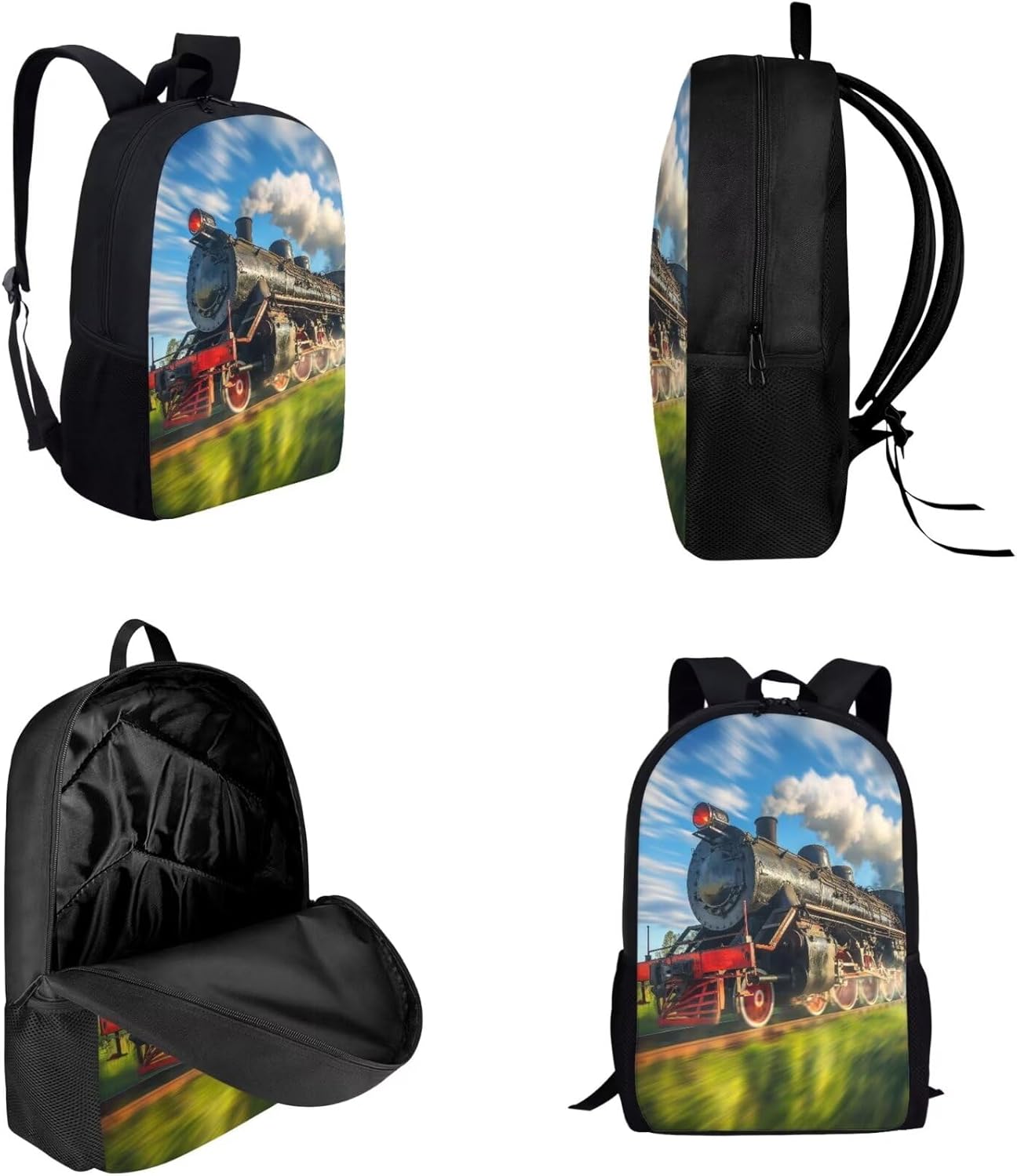 Kids 17 Inch Print Backpack with Lunch Box Lightweight Comfy Padded Back Steam Locomotive Train Backpack for Boys Girls Elementary School Bag Trendy Blue Bookbag with Pencil Case