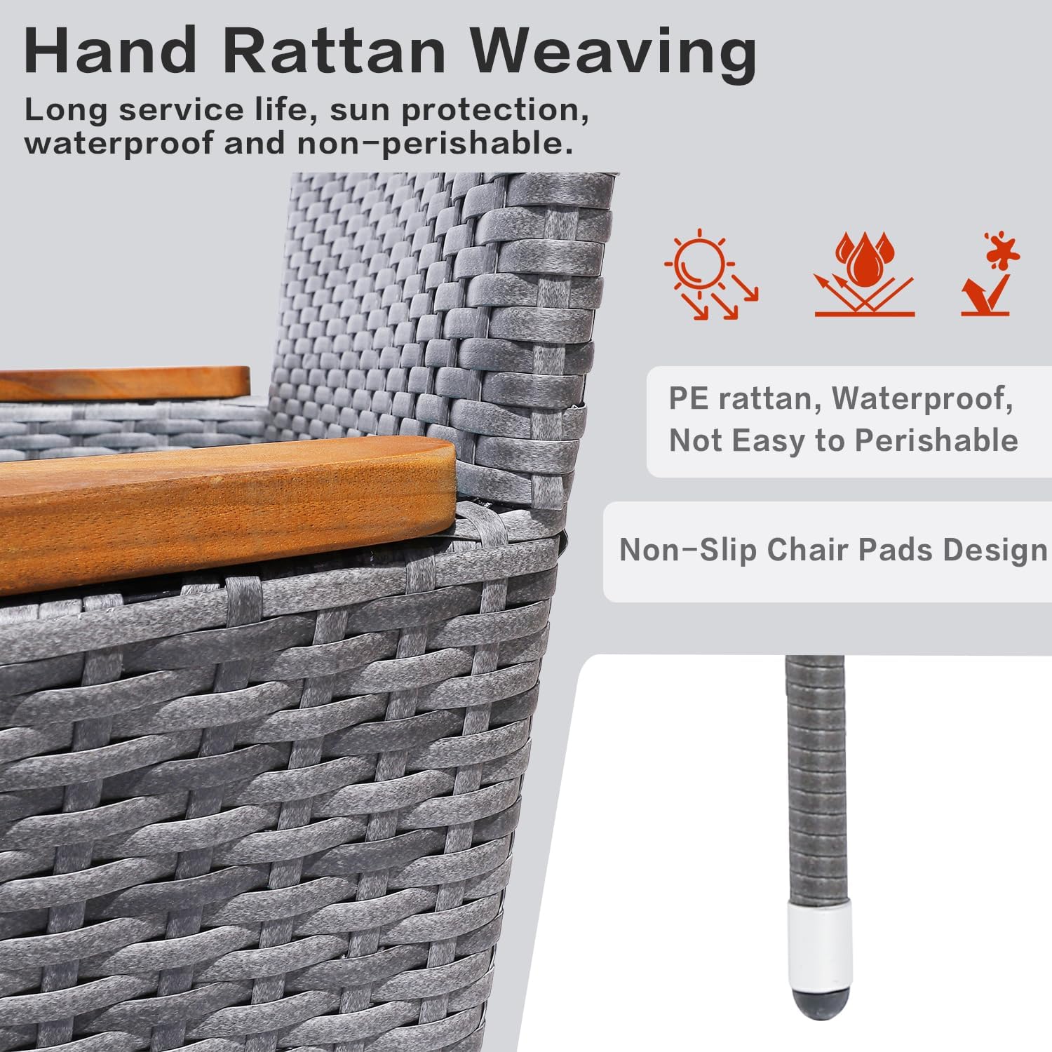 Patio Dining Sets with Soft Cushions Rattan Chairs with Acacia Wood Armrest Outdoor Patio Furniture Sets for Patio, Yard,Deck,Gazebo, Grey