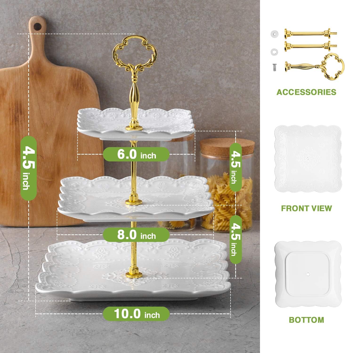DOWAN 3 Tier Square Porcelain Cupcake Stand, Gold and White
