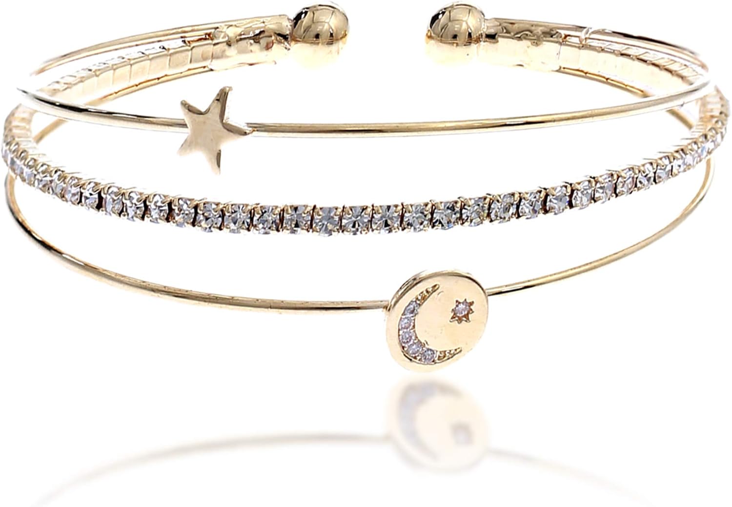 NTLX CZ Bangle Bracelets for Women - Cubic Zirconia Bracelet – CZ & Rhinestone 3 Line Memory Wire Bracelet – Silver, Gold, Rose Gold Plated - Moon & Star Design - with Gift Box included - Great Gift