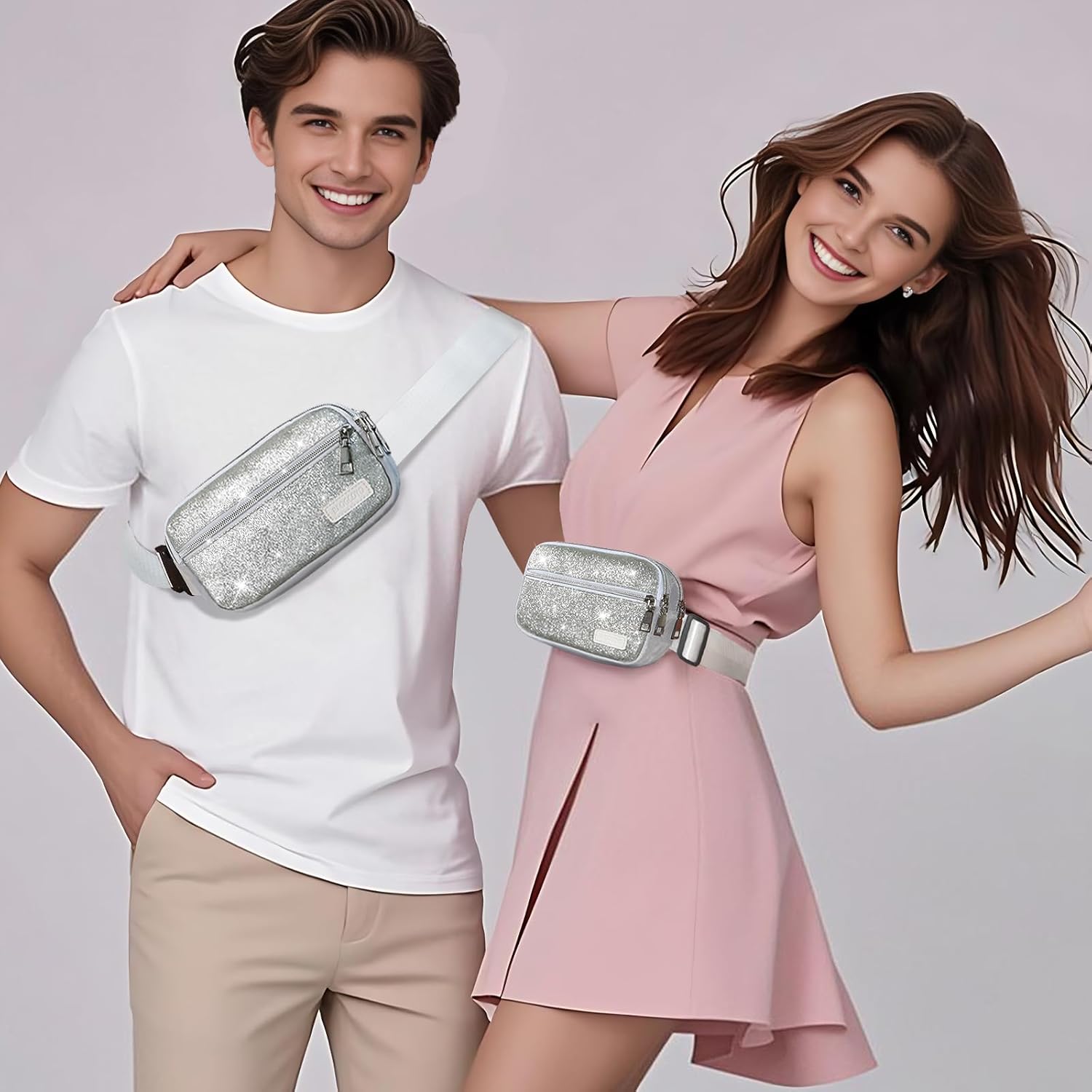 Fanny Packs for Women Men Mini Fashion Glitter Waist Packs with Adjustable Strap and 3 Zipper Pockets Everywhere Crossbody Belt Bag for Outdoors Running Travelling (Silver Bling Glittery) - Image 6