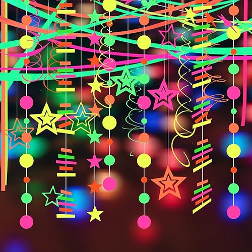Miniatura 8 de Guirnalda de papel de neón de estrella de 108 pies, suministros de fiesta con serpentinas de neón para luz negra, accesorios de fiesta, pancarta